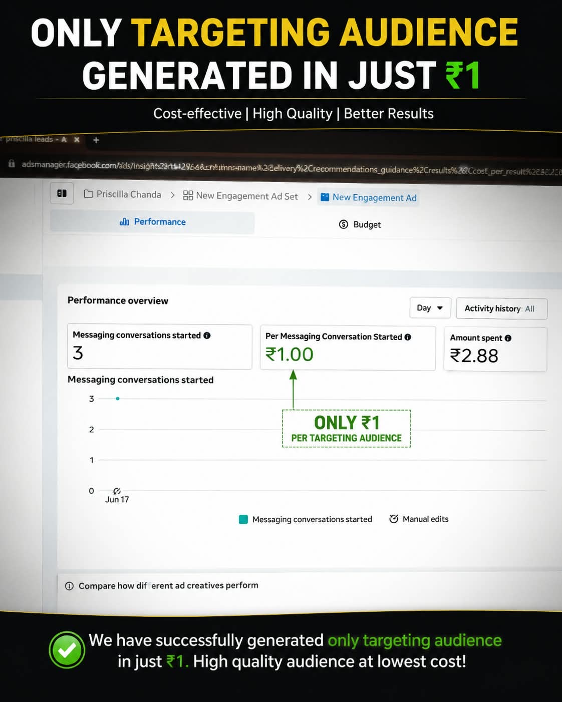 Ads Manager report showing ₹1 per targeting audience